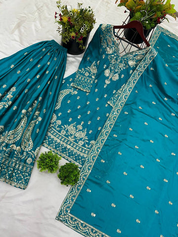 Reception Wear Aqua Green Color Heavy Chinon Silk With 5mm Embroidery Sequence Work Sharara Suit