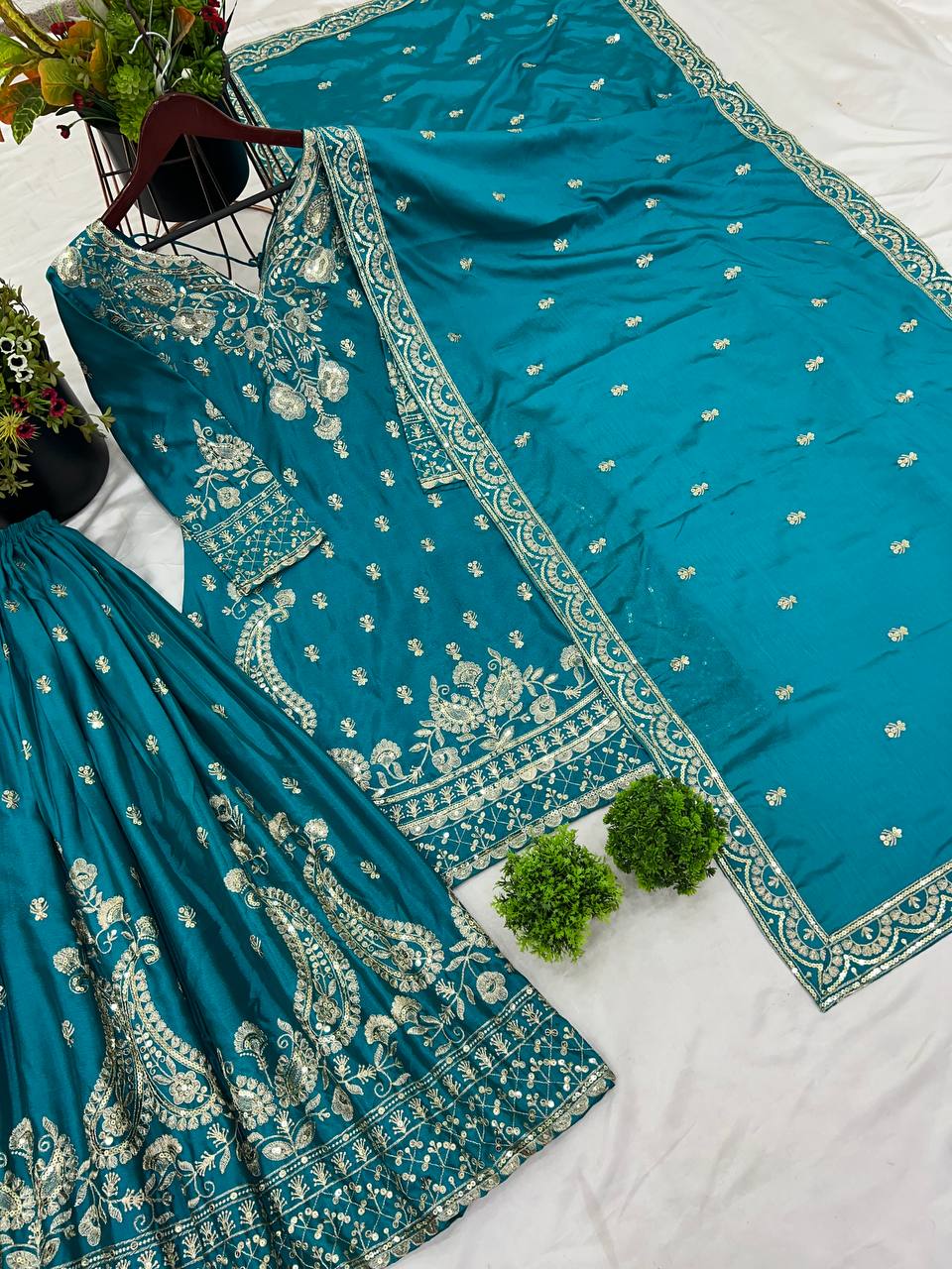 Reception Wear Aqua Green Color Heavy Chinon Silk With 5mm Embroidery Sequence Work Sharara Suit