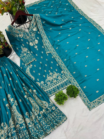 Reception Wear Aqua Green Color Heavy Chinon Silk With 5mm Embroidery Sequence Work Sharara Suit