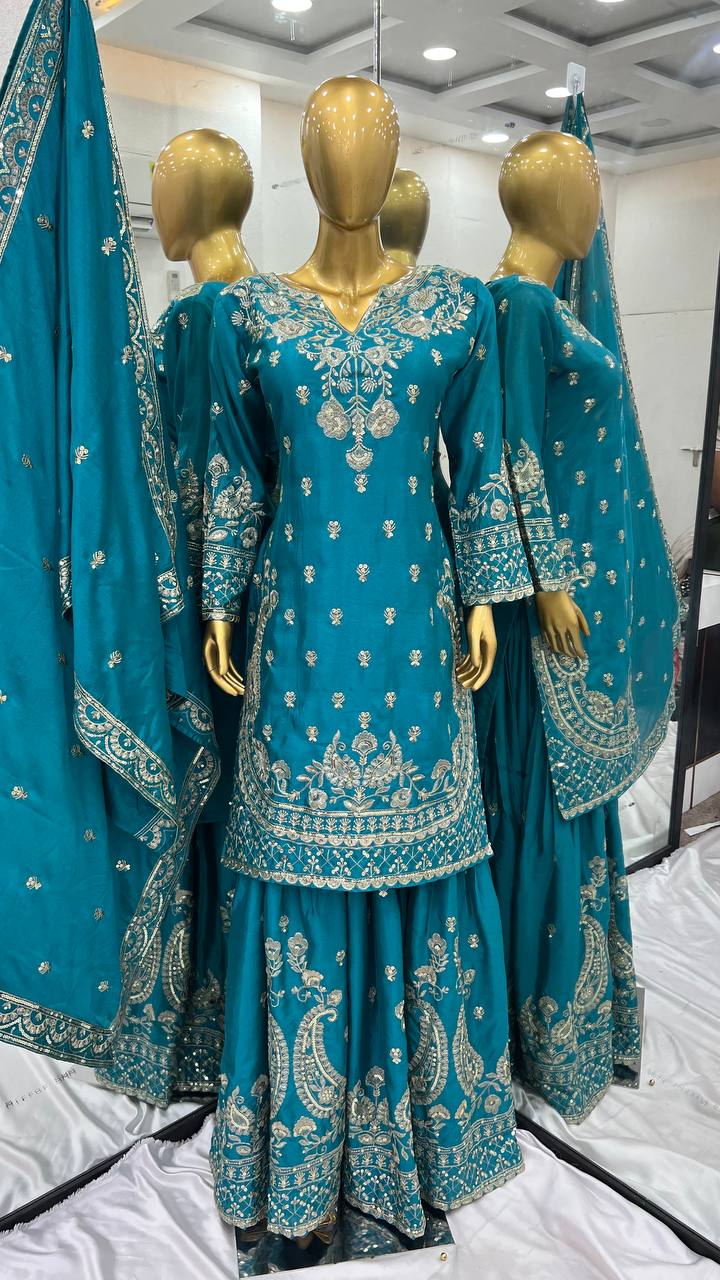 Reception Wear Aqua Green Color Heavy Chinon Silk With 5mm Embroidery Sequence Work Sharara Suit