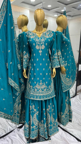 Reception Wear Aqua Green Color Heavy Chinon Silk With 5mm Embroidery Sequence Work Sharara Suit