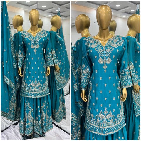 Reception Wear Aqua Green Color Heavy Chinon Silk With 5mm Embroidery Sequence Work Sharara Suit