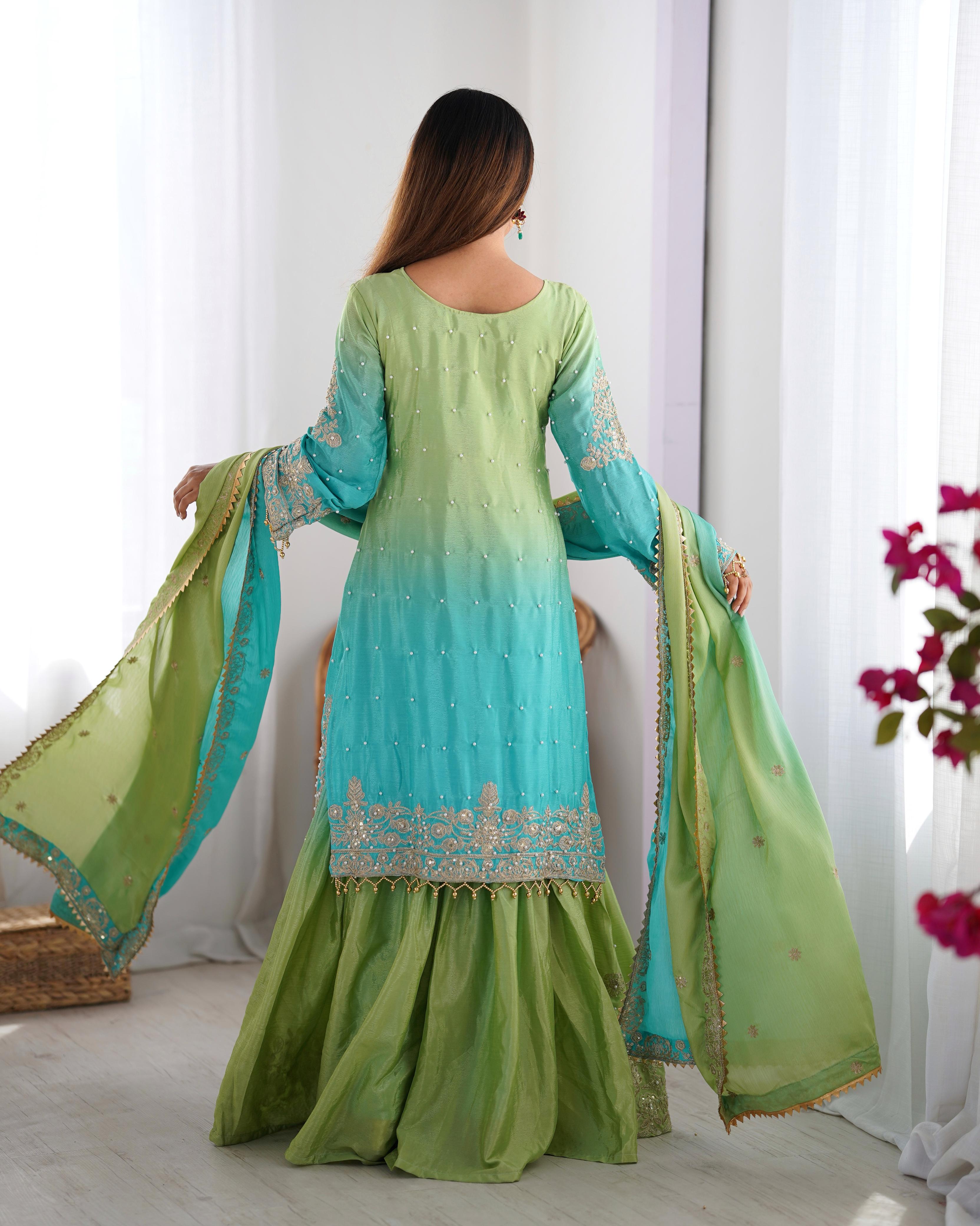 Attractive Sky Blue And Green Color Chinon Silk And Coding Dori With Sequence With Rivet Moti Beautiful Sharara Suit