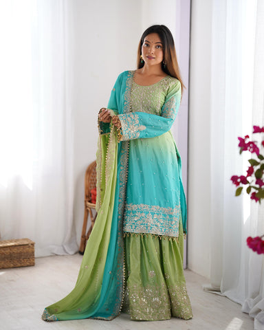 Attractive Sky Blue And Green Color Chinon Silk And Coding Dori With Sequence With Rivet Moti Beautiful Sharara Suit