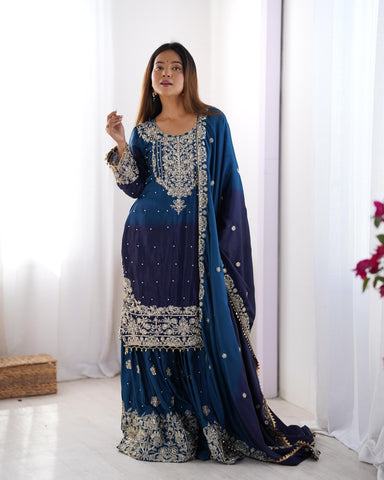 Party Navy Blue Color Chinon Silk And Coding Dori With Sequence With Rivet Moti Beautiful Sharara Suit