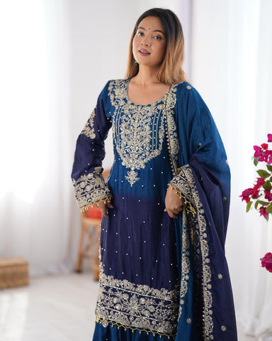 Party Navy Blue Color Chinon Silk And Coding Dori With Sequence With Rivet Moti Beautiful Sharara Suit