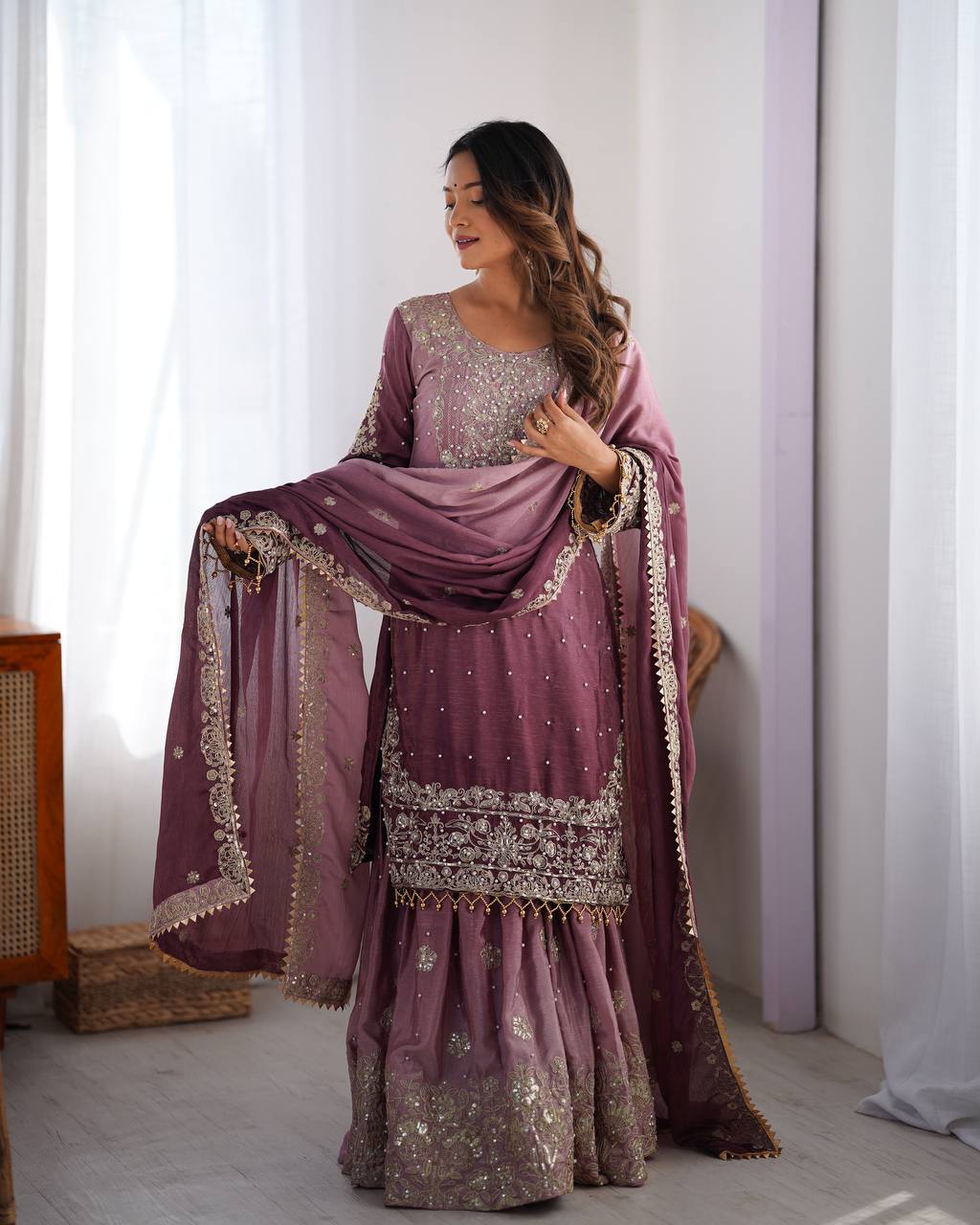 Occasion Dark Purple Color Chinon Silk And Coding Dori With Sequence With Rivet Moti Beautiful Sharara Suit