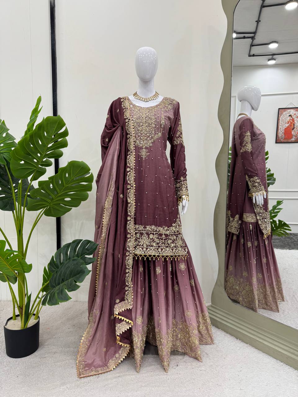 Occasion Dark Purple Color Chinon Silk And Coding Dori With Sequence With Rivet Moti Beautiful Sharara Suit