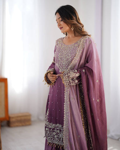 Occasion Dark Purple Color Chinon Silk And Coding Dori With Sequence With Rivet Moti Beautiful Sharara Suit
