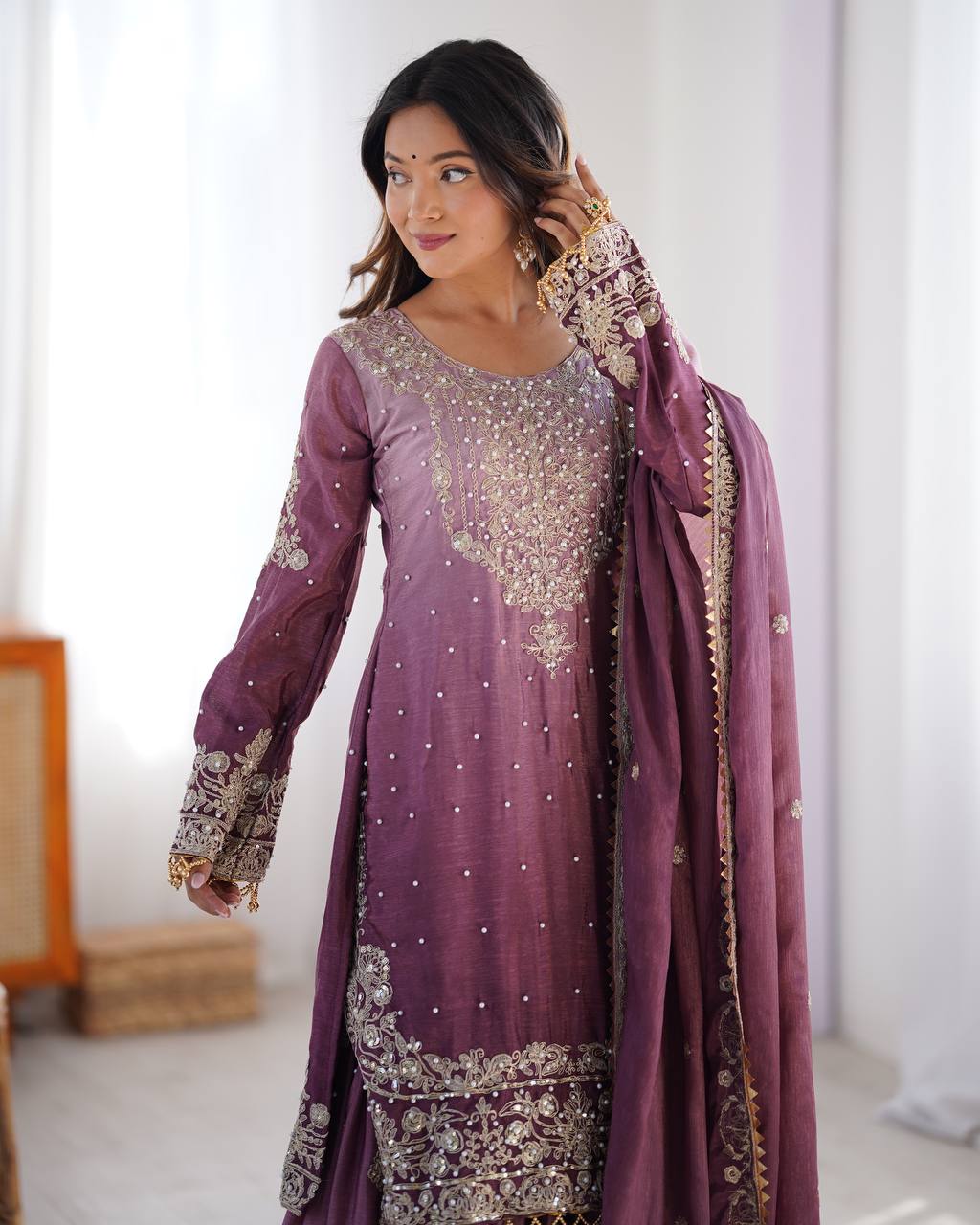 Occasion Dark Purple Color Chinon Silk And Coding Dori With Sequence With Rivet Moti Beautiful Sharara Suit
