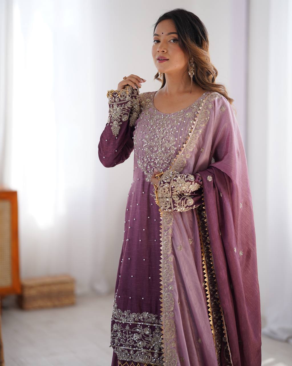 Occasion Dark Purple Color Chinon Silk And Coding Dori With Sequence With Rivet Moti Beautiful Sharara Suit