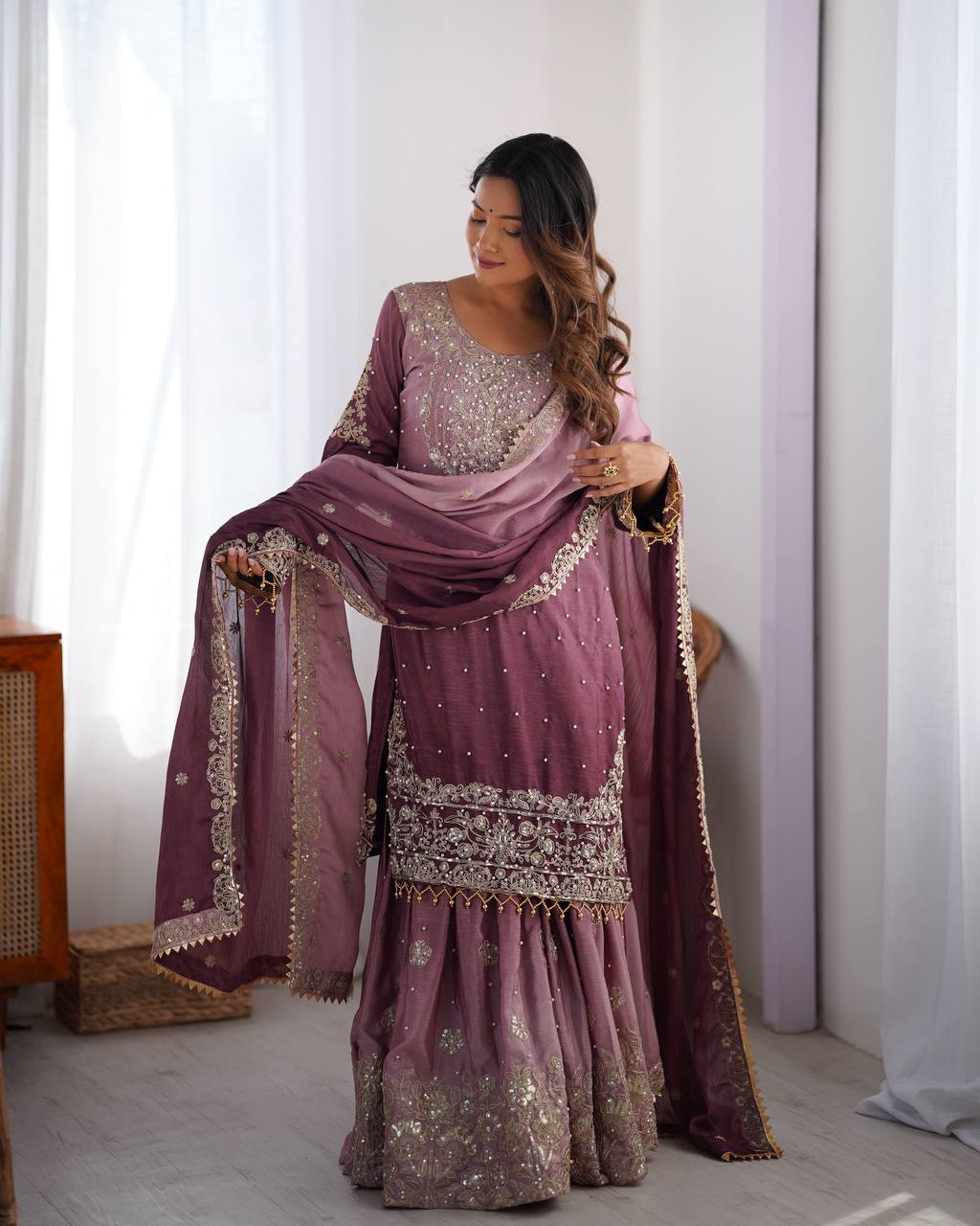Occasion Dark Purple Color Chinon Silk And Coding Dori With Sequence With Rivet Moti Beautiful Sharara Suit