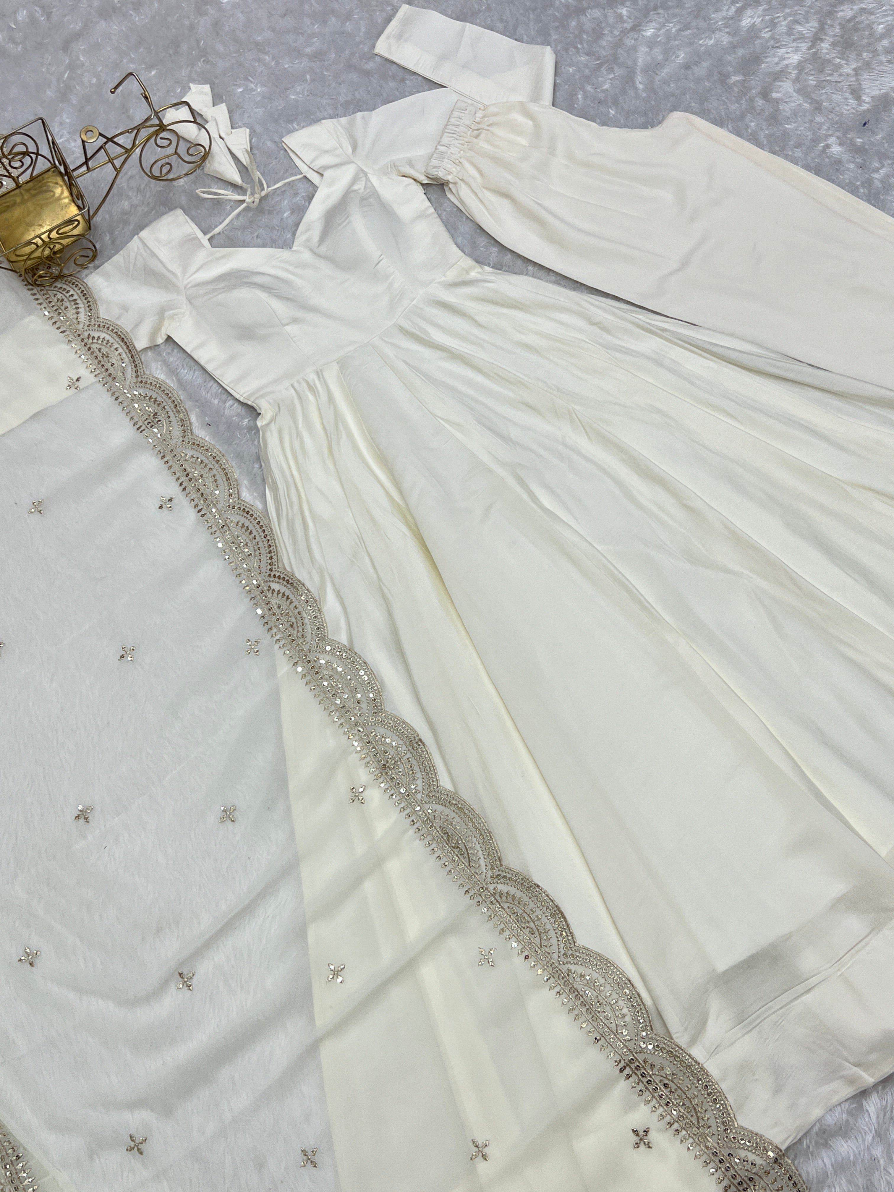 White Color Plain Gown With Work Dupatta
