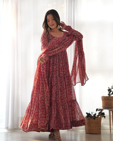 Ruffle Style Printed Maroon Color Gown
