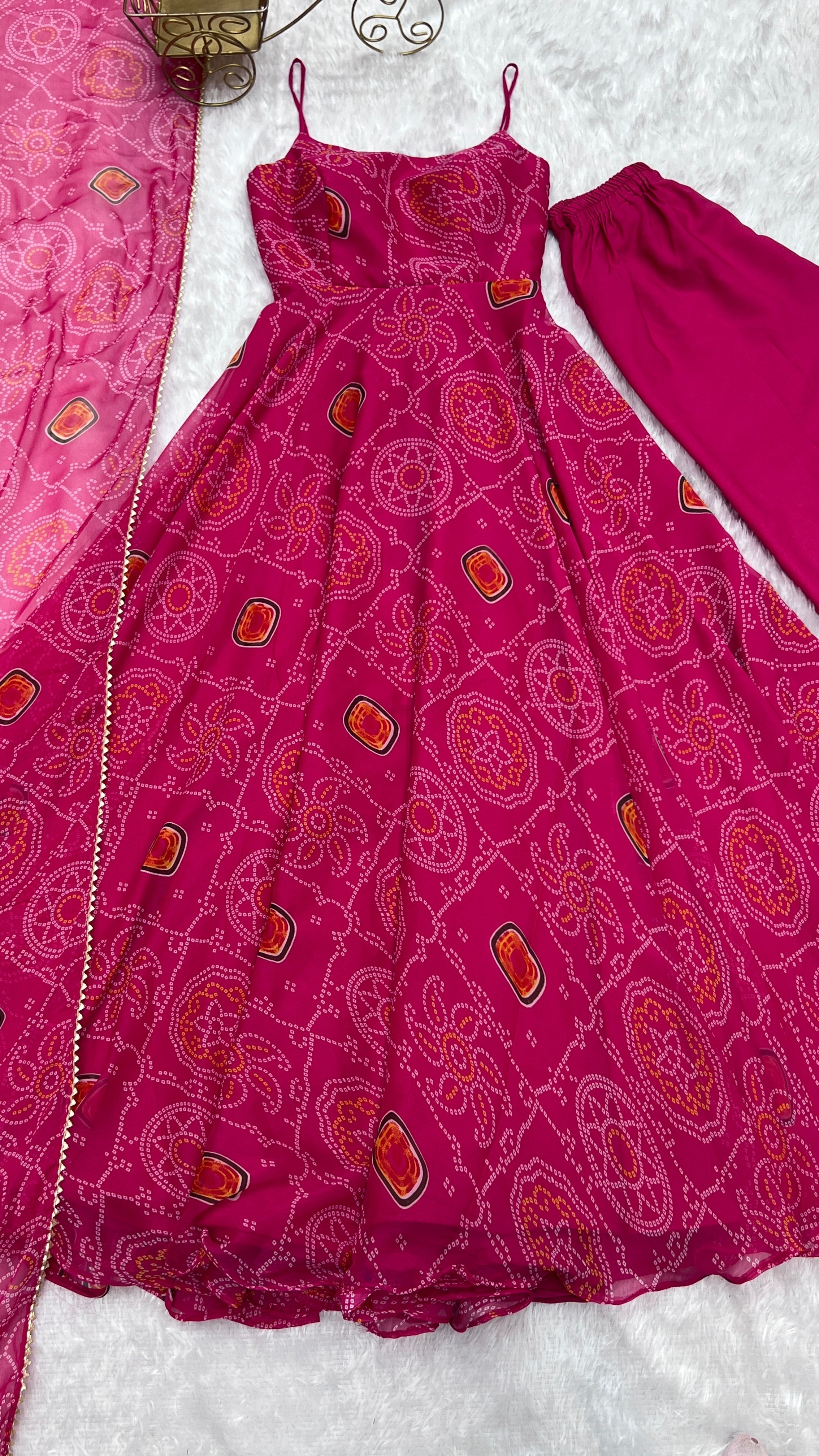 Pretty Pink Color Bandhani Print Anarkali Suit