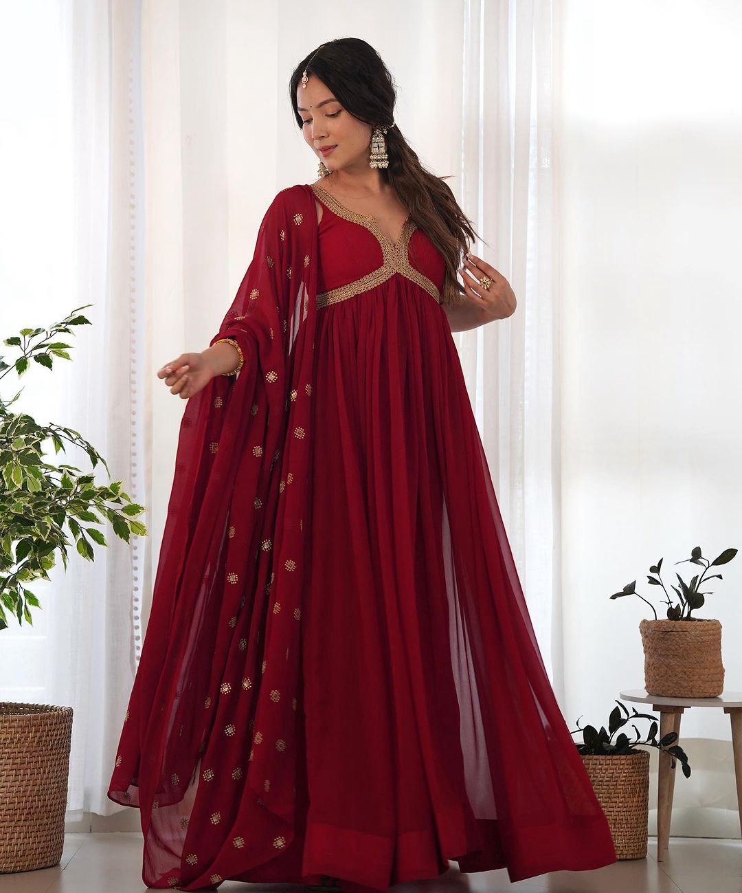 Good Looking Maroon Color Gown With Dupatta