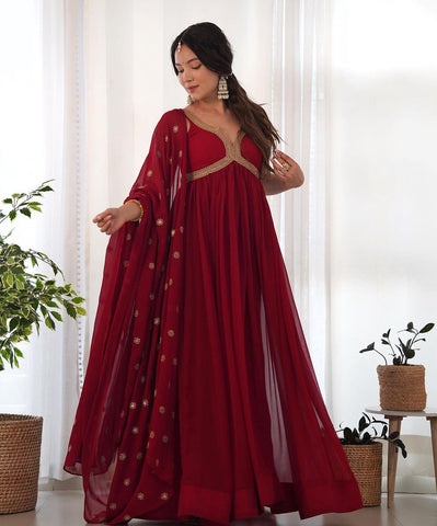 Good Looking Maroon Color Gown With Dupatta