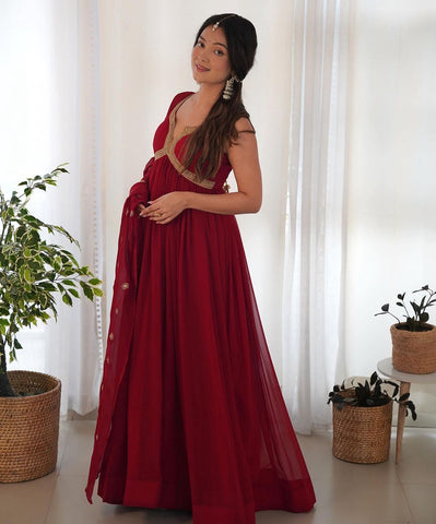 Good Looking Maroon Color Gown With Dupatta