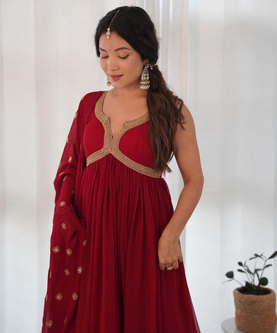 Good Looking Maroon Color Gown With Dupatta