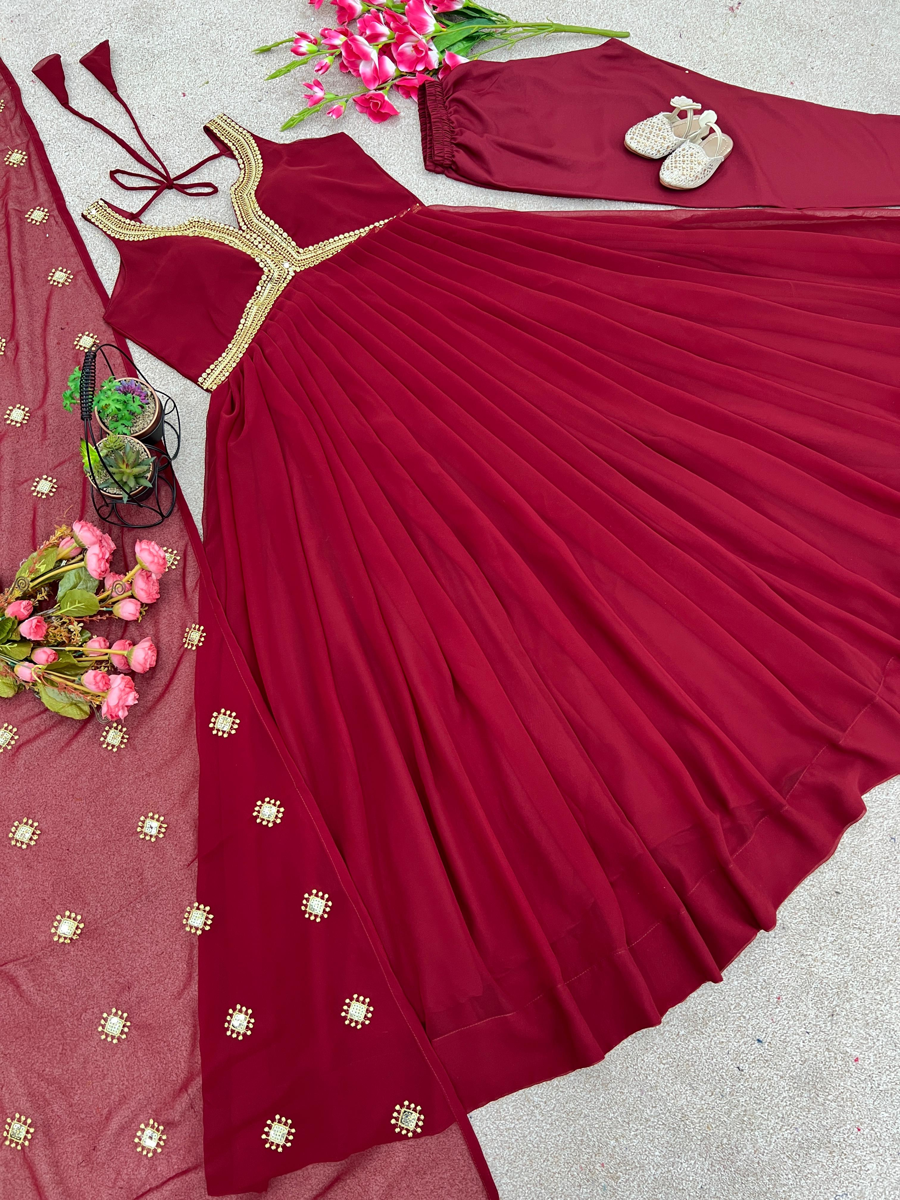 Good Looking Maroon Color Gown With Dupatta