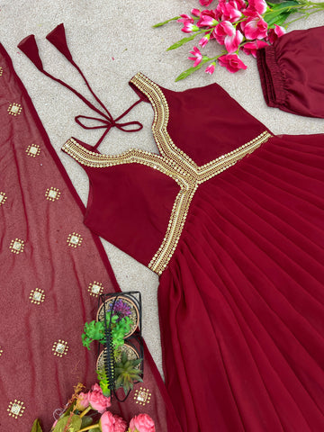 Good Looking Maroon Color Gown With Dupatta