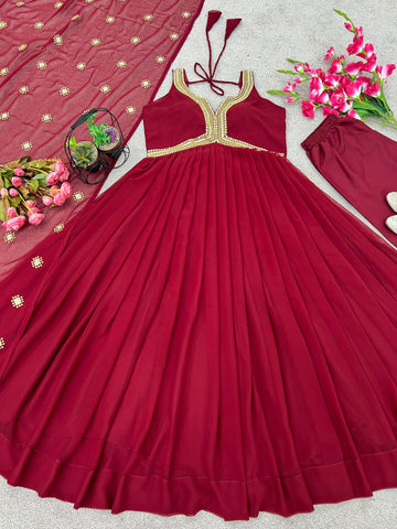Good Looking Maroon Color Gown With Dupatta