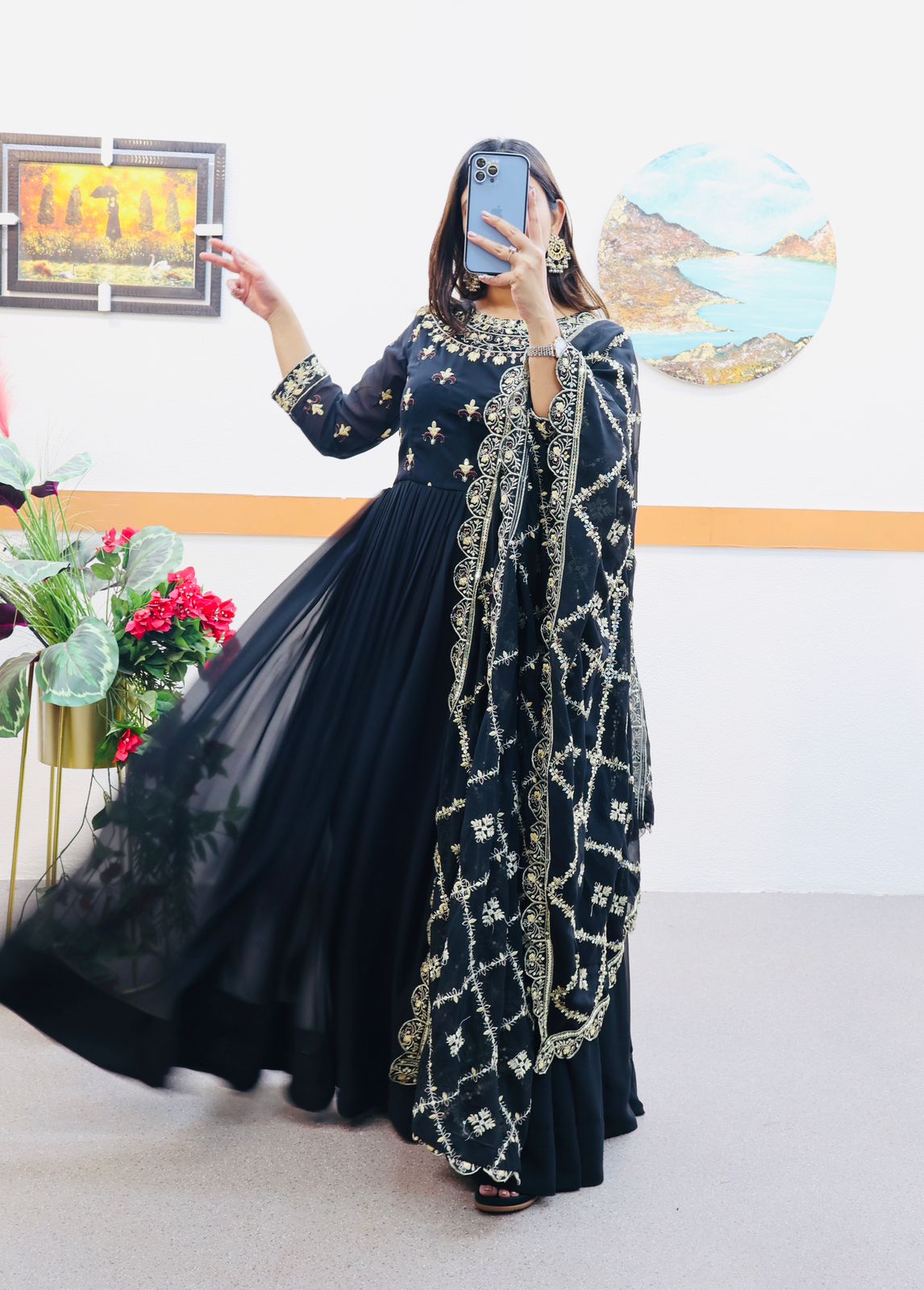 Decent Black Color Gown With Embroidery Work Dupatta