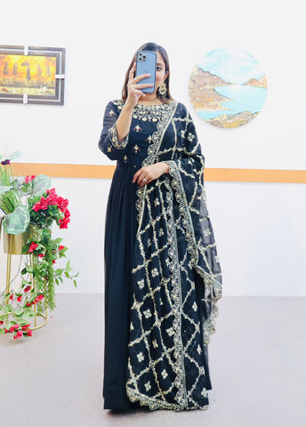 Decent Black Color Gown With Embroidery Work Dupatta