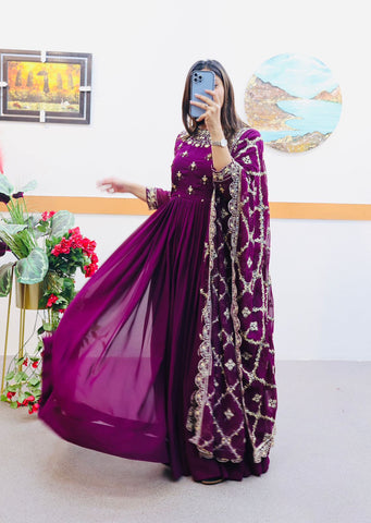 Decent Wine Color Gown With Embroidery Work Dupatta