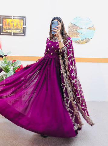 Decent Wine Color Gown With Embroidery Work Dupatta