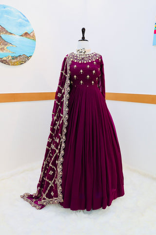 Decent Wine Color Gown With Embroidery Work Dupatta