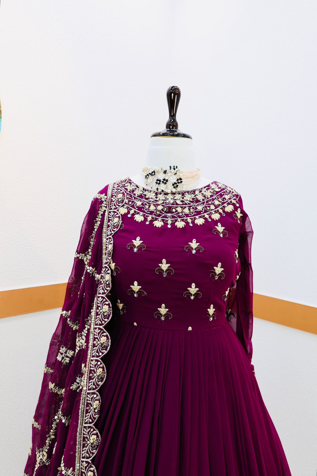 Decent Wine Color Gown With Embroidery Work Dupatta