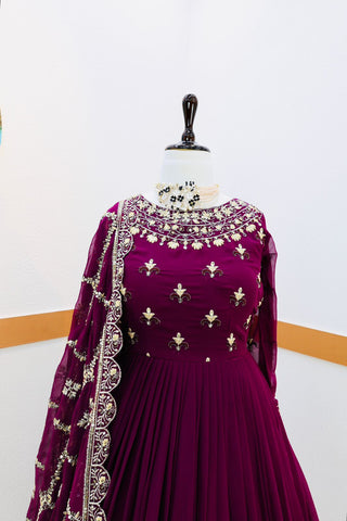 Decent Wine Color Gown With Embroidery Work Dupatta