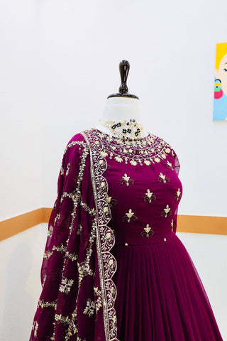Decent Wine Color Gown With Embroidery Work Dupatta
