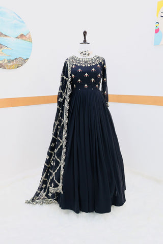 Decent Black Color Gown With Embroidery Work Dupatta
