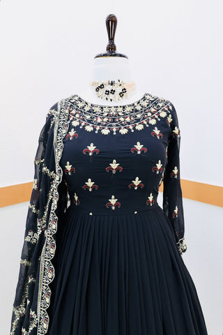 Decent Black Color Gown With Embroidery Work Dupatta