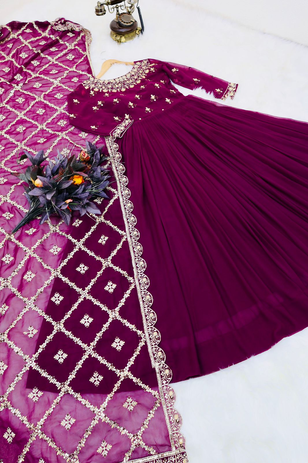 Decent Wine Color Gown With Embroidery Work Dupatta