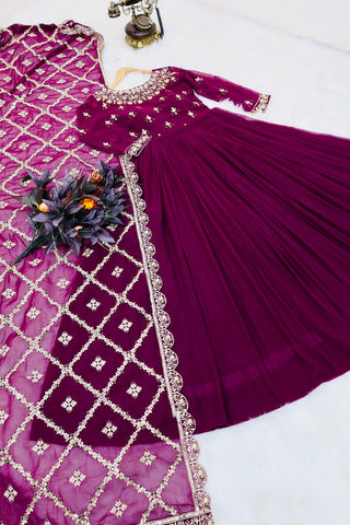 Decent Wine Color Gown With Embroidery Work Dupatta