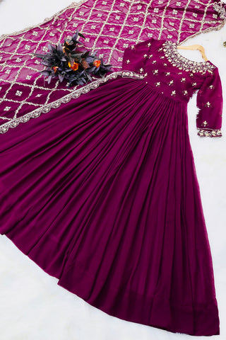 Decent Wine Color Gown With Embroidery Work Dupatta