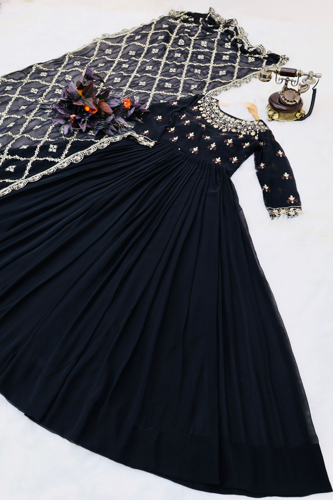 Decent Black Color Gown With Embroidery Work Dupatta