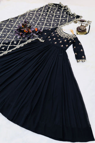 Decent Black Color Gown With Embroidery Work Dupatta