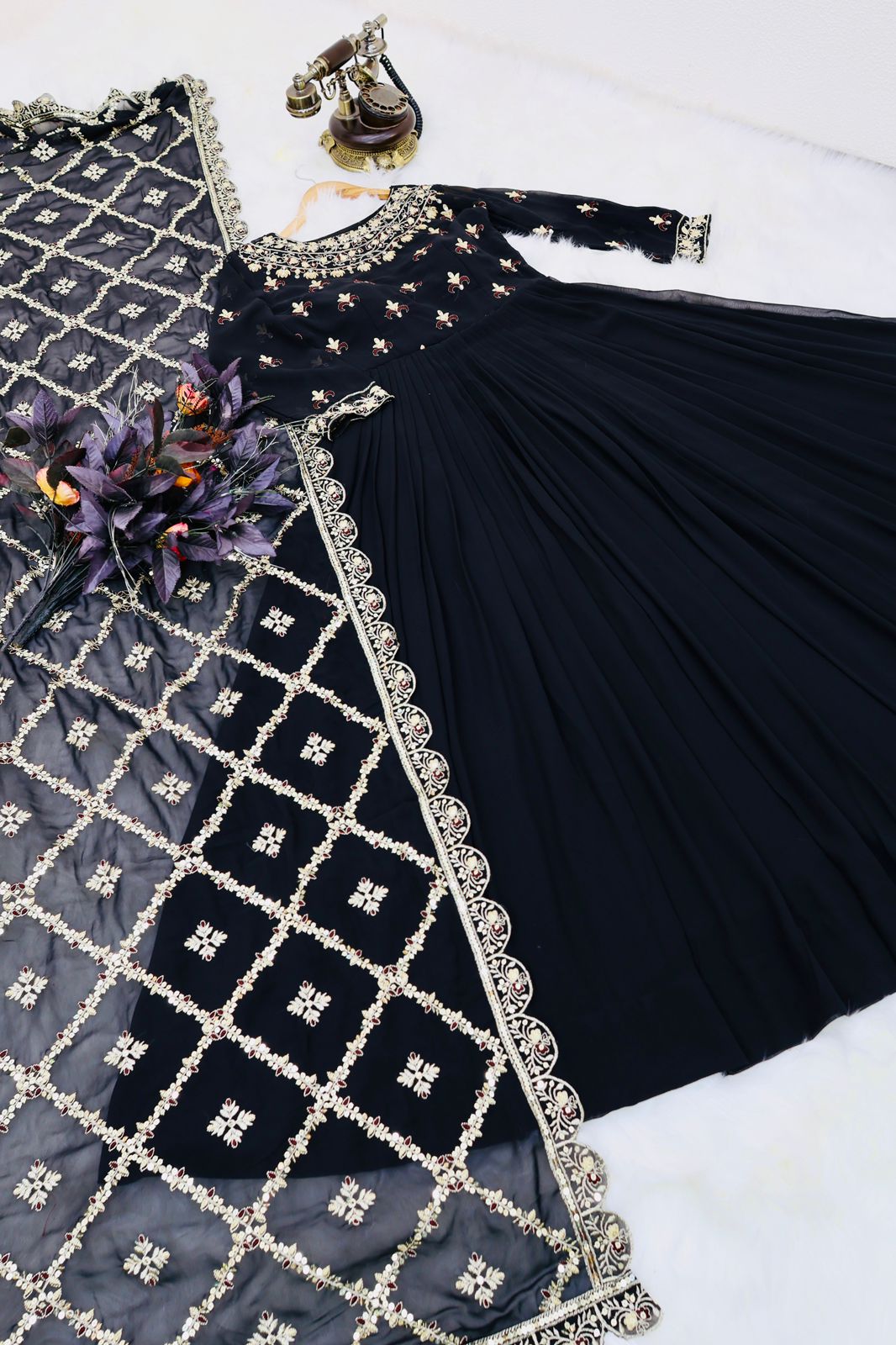 Decent Black Color Gown With Embroidery Work Dupatta