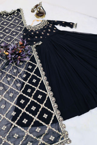 Decent Black Color Gown With Embroidery Work Dupatta
