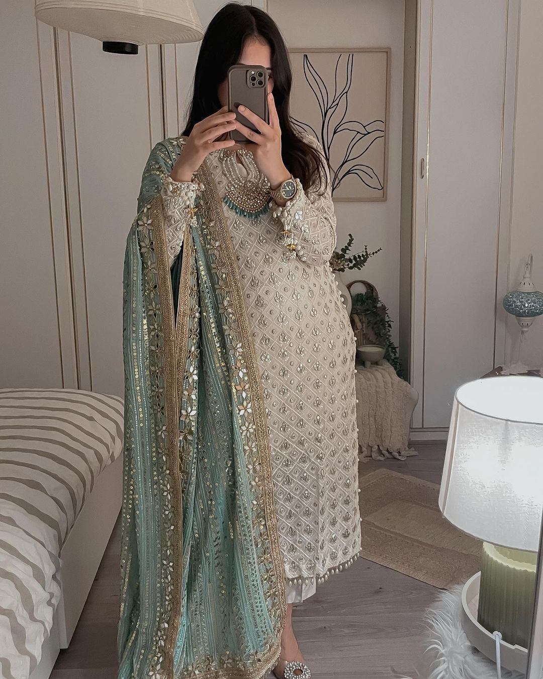 Pretty Sequence Work White Color Suit With Pista Green Dupatta