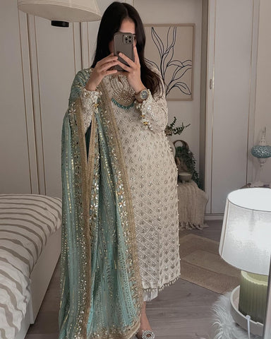 Pretty Sequence Work White Color Suit With Pista Green Dupatta