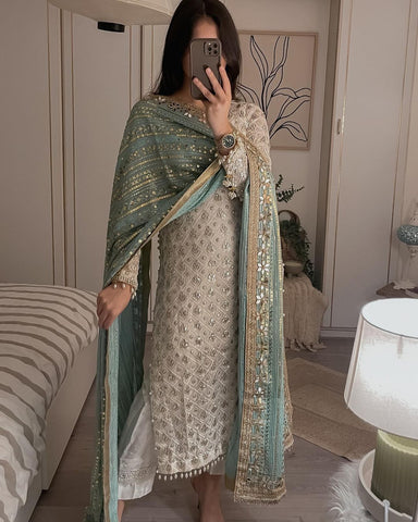 Pretty Sequence Work White Color Suit With Pista Green Dupatta