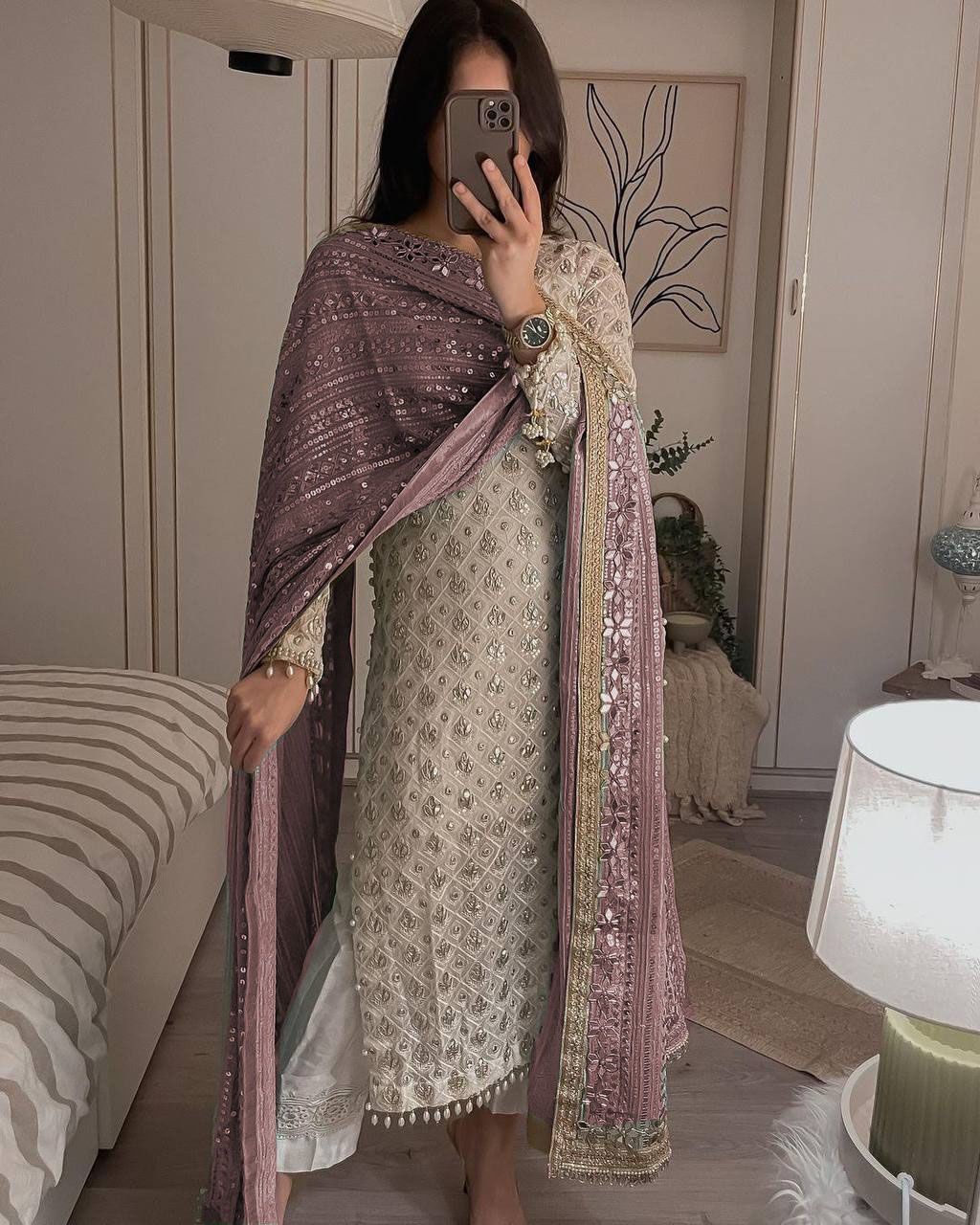 Pretty Sequence Work White Color Suit With Brown Dupatta