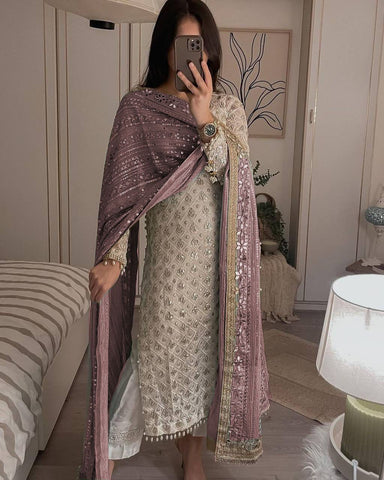 Pretty Sequence Work White Color Suit With Brown Dupatta