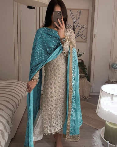 Pretty Sequence Work White Color Suit With Sky Blue Dupatta