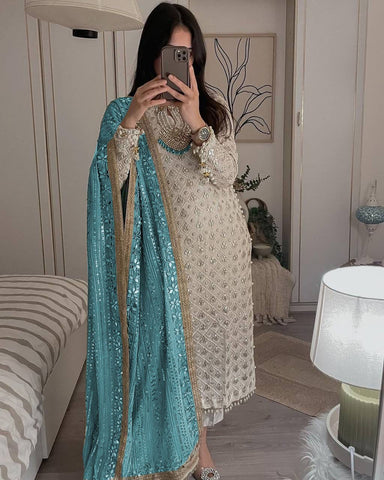 Pretty Sequence Work White Color Suit With Sky Blue Dupatta